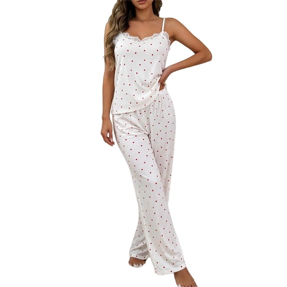 WHEANG Pajamas for Women Set Heart Polka Dot Lace Trim Cami Top & Long Pants Pajama Set 2 PC Soft Lace Sleepwear Loose Fit Womens Pajama Sets for Nightwear Daily Lounge Home Size S White
