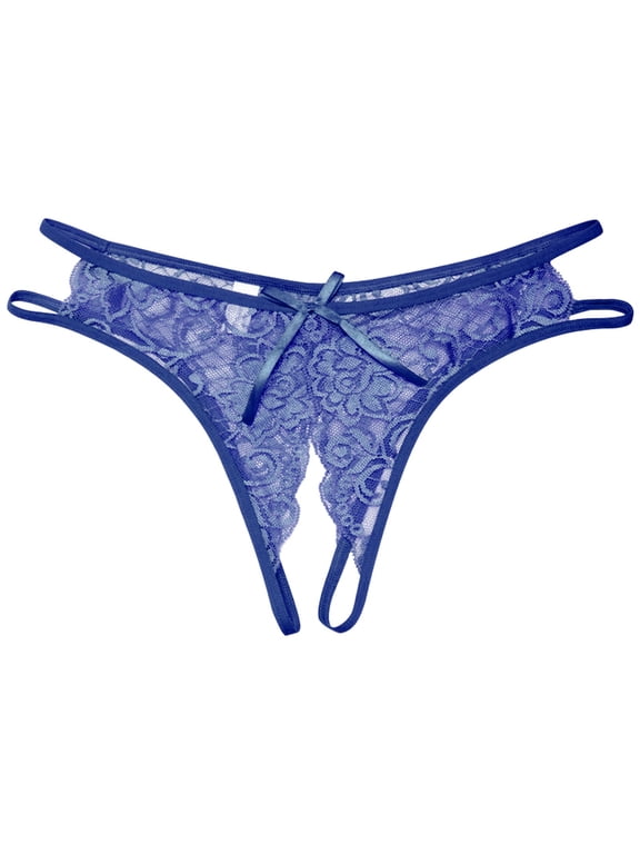 Panties for Women Solid Color Crotchless Panties Low Rise Lace Lingerie Thongs Sheer See Through Open Crotch Underwear for Romantic Night Daily Intimate Wear Blue One Size