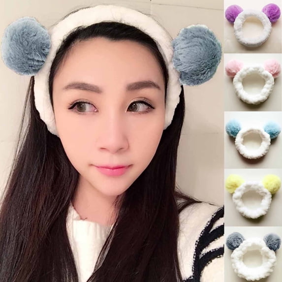 WHEANG Plush Spa Headbands with 3D Pom Pom Cute Fluffy Headbands for Women Soft Stretchy Fuzzy Makeup Washing Face Head Wrap Sweet Elastic Skincare Facial Headband Purple