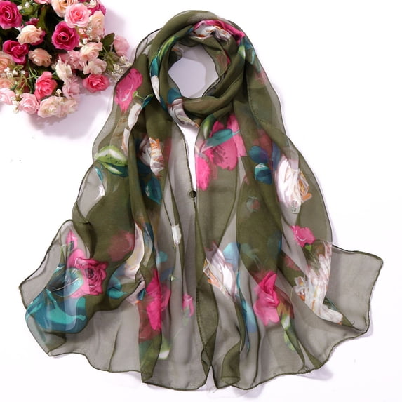WHEANG Roses Printing Long Soft for Women Quick Dry Simulation Silk Shawl Scarves Summer Cooling All-day Comfort Lightweight Scarf Fashion Soft Wrap Scarf Under $5 Green Summer Sales Under $2