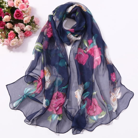 WHEANG Roses Printing Long Soft for Women Quick Dry Simulation Silk Shawl Scarves Summer Cooling All-day Comfort Lightweight Scarf Fashion Soft Wrap Scarf Under $5 Blue Summer Sales Under $2