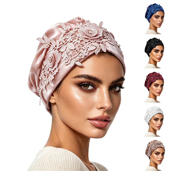 Satin Head Scarf Cap for Women Floral Lace Rhinestones Keep Cool Summer Chemo Head Cover Elegant Soft Maternity Sleep Hat Non-Slip Stretchy Turban Head Wrap for Women White 2026 Sales Under $1