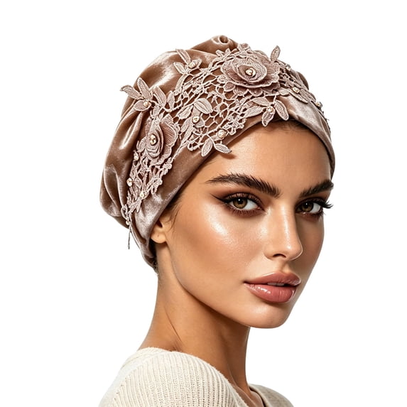 WHEANG Satin Head Scarf Cap for Women Floral Lace Rhinestones Lightweight Keep Cool Summer Chemo Head Cover Elegant Soft Maternity Sleep Hat Non-Slip Stretchy Turban Head Wrap for Women Gold