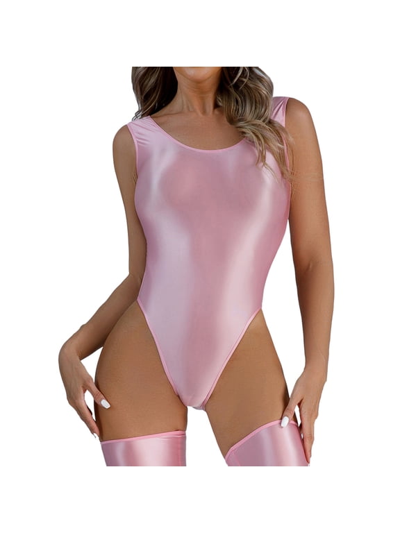 Shapewear Tummy Control for Women Shiny Oil Gloss Mesh Bodysuit High Cut High Stretch One Piece Shapewear See Through Tight Fit Glossy Swimwear Nightwear Club Outfit L Pink