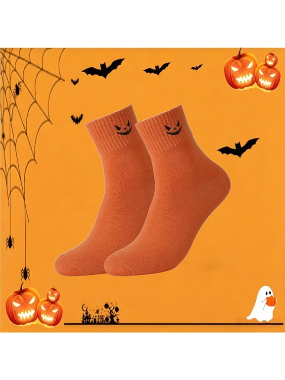 Socks for Men Women Soft Breathable Casual Low Cut Short Socks Halloween Novelty Pumpkin Ghost Bat Print Ankle Socks One Size Orange