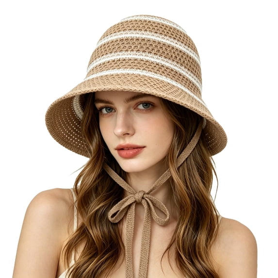 WHEANG Straw Hats for Women Fashion Striped Bucket Hat Breathable Hollow Knit Light Outdoor Travel Beach Hats for Women Large Head Wide Brim Sun Hats for Women Brown