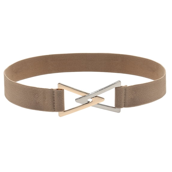 WHEANG Summer Belts for Women Wide Elastic Waist Belt Dual Triangle Metal Buckle Front Tie Fashion Cinch Belt Gold & Silver Alloy Buckle Stretch Waistband for Dresses(Color Beige One Size)