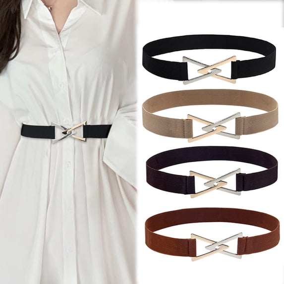 WHEANG Summer Belts for Women Wide Elastic Waist Belt Dual Triangle Metal Buckle Front Tie Fashion Cinch Belt Gold & Silver Alloy Buckle Stretch Waistband for Dresses(Color Brown One Size)