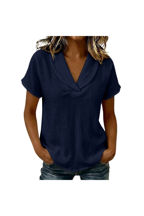 Summer Blouses for Women Solid Color Crepe Collared Short Sleeve T-Shirt Everyday Wear Casual Soft Breathable Tops Loose Fit Comfort Outing Summer Tops for Women Color Blue Size S