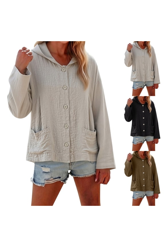Summer Cotton Linen Tops for Women Long Sleeve Shirt Cardigan Frog Button Open Front Loose Everyday Wear Casual Blouse Lightweight Beach Sun Coverup With PocketKhaki Size M