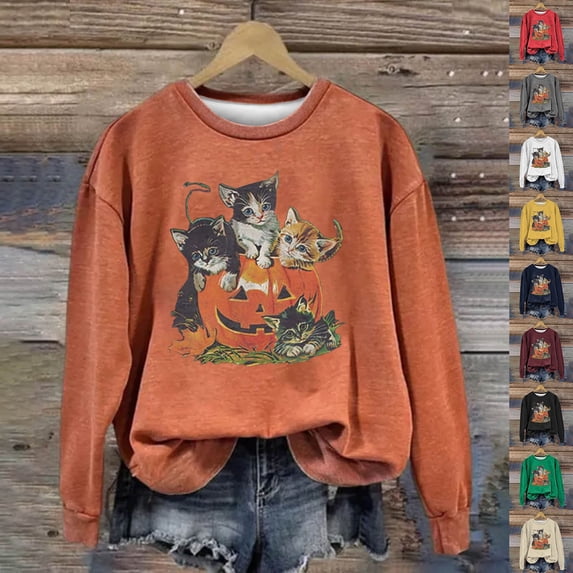 WHEANG Sweatshirt for Women Halloween Fashion Cat Graphic Print Crew Neck Sweatshirts Women Casual Vintage Top Women's Halloween Sweatshirt Size M White