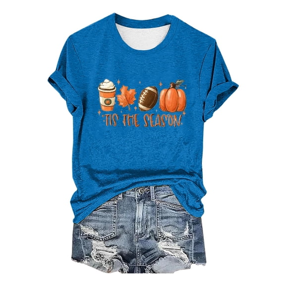 WHEANG T Shirts for Women Tis The Season Letter Print Crew Neck T Shirt Pumpkin Maple Leaf Graphic Casual Thanksgiving Halloween Short Sleeve Tops for Women Size 3XL Blue