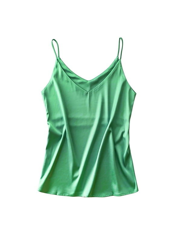 Tank Tops for Women Premium Stretch Satin Camisole Tank Top Solid Adjustable Spaghetti Strap Silky Cami Undershirt Summer Sleeveless New Satin Pajamas Size M Green