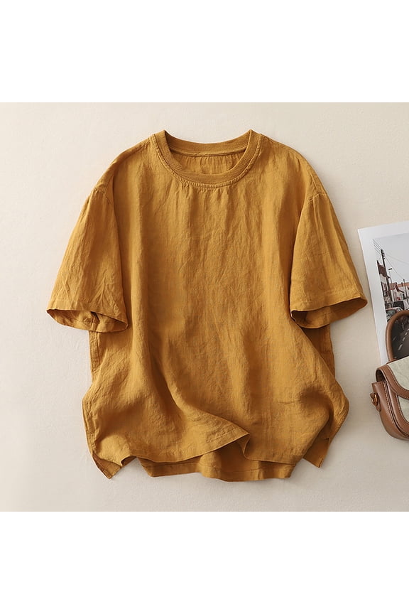 Tops for Women Trendy Cotton Casual Half Sleeve Basic Crop Top Casual Spliced Ribbed Pullover Drop Shoulder Roll Hem Plus Size Shirts Crew Neck Short Sleeve T Shirt M Yellow