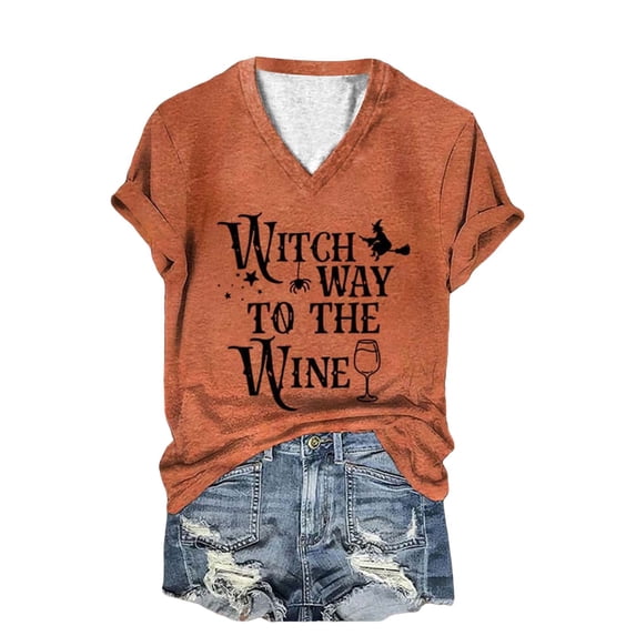 WHEANG Tops for Women Witch Way To The Wine Letter Print T Shirts Casual V Neck Short Sleeve Tops for Women Funny Halloween Shirts for Women Party Daily Wear Orange 2XL