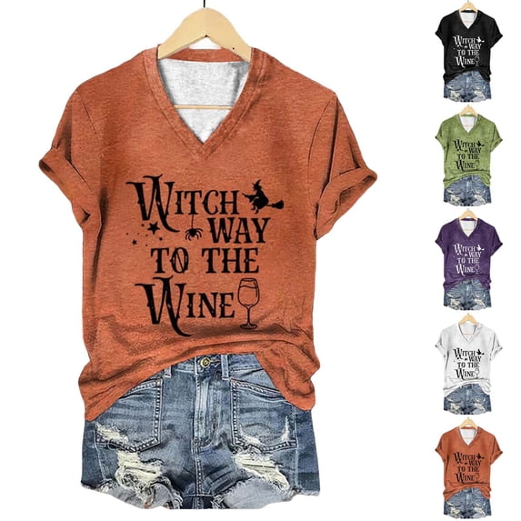 WHEANG Tops for Women Witch Way To The Wine Letter Print T Shirts Casual V Neck Short Sleeve Tops for Women Funny Halloween Shirts for Women Party Daily Wear White M