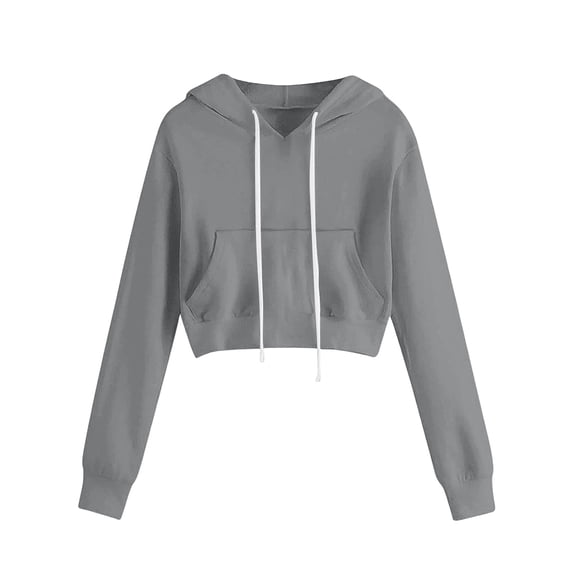 WHEANG Trendy Hoodies for Women Solid Color Cropped Hoodie With Drawstring Pockets Long Sleeve Waist-Length Pullover Casual Crop Hooded Sweatshirt Streetwear Outfits Gray 3XL