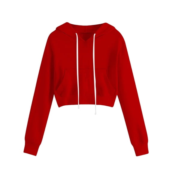 WHEANG Trendy Hoodies for Women Solid Color Cropped Hoodie With Drawstring Pockets Long Sleeve Waist-Length Pullover Casual Crop Hooded Sweatshirt Streetwear Outfits Red S