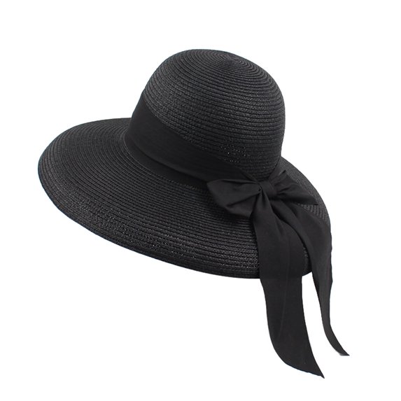 WHEANG Trendy Summer Straw Hats for Women Black Bow Lightweight Foldable Wide-Brimmed Hat Outdoors Weddings Travel-Friendly Caps Retro Beach Vacation Sun Hats Under $9 Black