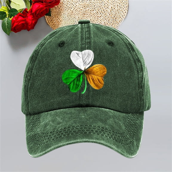WHEANG Washed Baseball Cap for Women Men Four-leaf Clover Pattern Cap Retro Denim Baseball Cap Old Daddy Pre-Curved Visor Summer Sun Hats Comfortable Daily Wear Casual Cap Green One Size