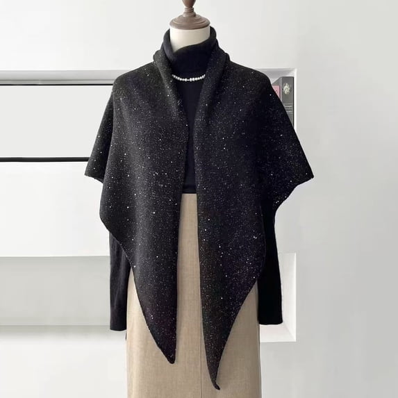 WHEANG Winter Clothing For Women High End Wool Blend Large Shawl Sequined Triangular Scarf Warm Versatile For Autumn Winter Black One Size
