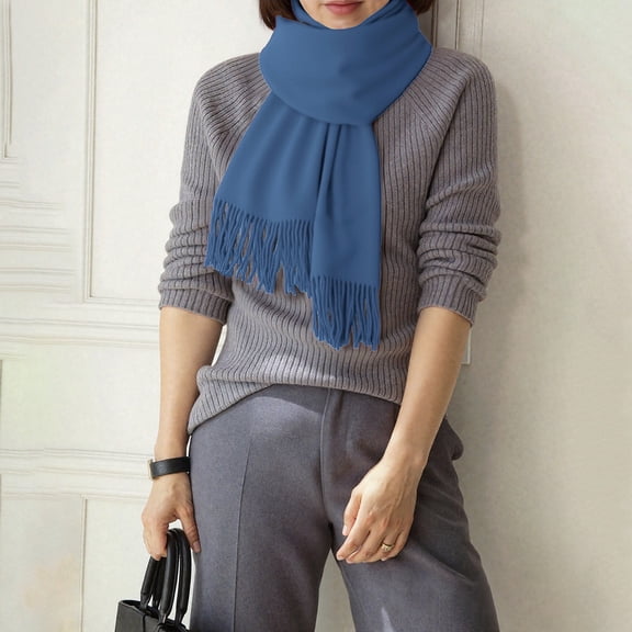 WHEANG Winter Clothing For Women Solid Color Autumn Winter Scarf Versatile Tassels Style Warm Soft Lightweight Neck Warmer Polyester Fiber Blue One Size