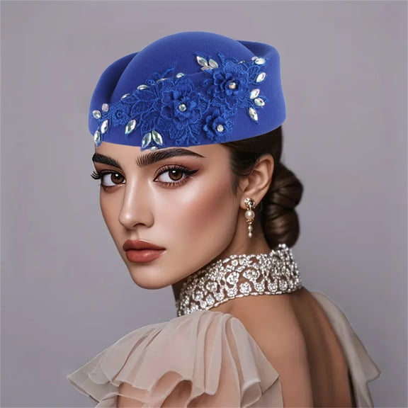 WHEANG Winter Hats For Women Elegant Pillbox Hat Flower Applique Fascinator Tea Cap Soft Breathable Polyester Blue One Size