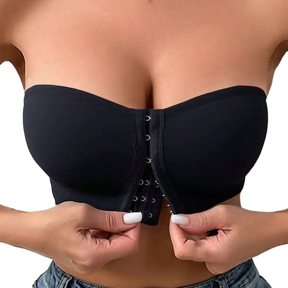 WHEANG Women Strapless Bra Solid Color Plus Size Strapless Bras for Women Front Closure Seamless Push Up Bra Breathable Wireless Tube Top Anti-Slip Supportive Strapless Bra Size L Black