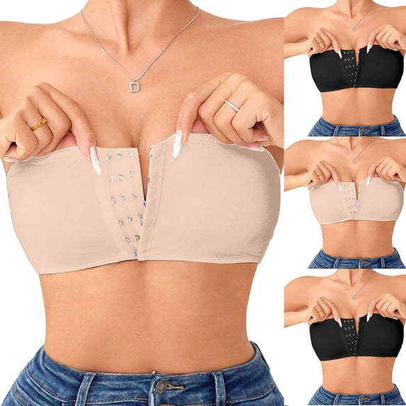 WHEANG Women Strapless Bra Solid Color Plus Size Strapless Bras for Women Front Closure Seamless Push Up Bra Breathable Wireless Tube Top Anti-Slip Supportive Strapless Bra Size XL Brown