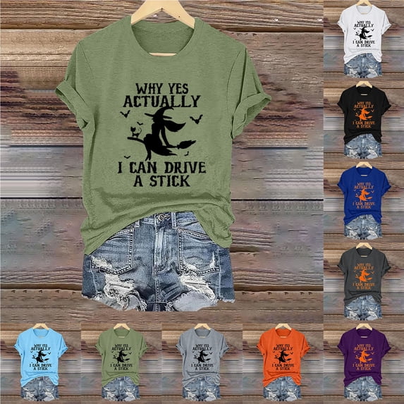 WHEANG Women T Shirts Halloween Why Yes Actually I Can Drive A Stick Letter Print Tops for Women Casual Crew Neck Short Sleeve Tops for Women Holiday Graphic Top Size M Blue