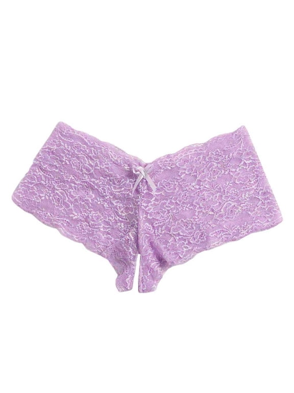 Women Underwear Scalloped Floral Lace Crotchless Panties Sheer Mesh Open Gusset Underwear Low Rise Bow Decor Lightweight Plus Size Underwear for Date Honeymoon Size S Purple