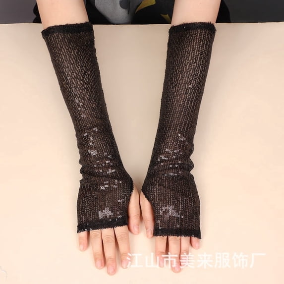 WHEANG Women's Fishnet Gloves Lightweight Long Soft & Stretchy Comfort Fishnet Gloves Sparkly Long Gloves for Women Men Mesh Arm Sleeve Tulle Glove Glitter Fishnet Gloves Halloween Wedding Black A
