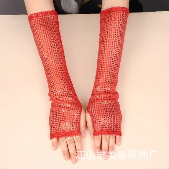 WHEANG Women's Fishnet Gloves Soft & Stretchy Comfort Fishnet Gloves Sparkly Gloves for Women Men Mesh Arm Sleeve Tulle Glove Glitter Fishnet Gloves Halloween Wedding Red A Summer Sales Under $2