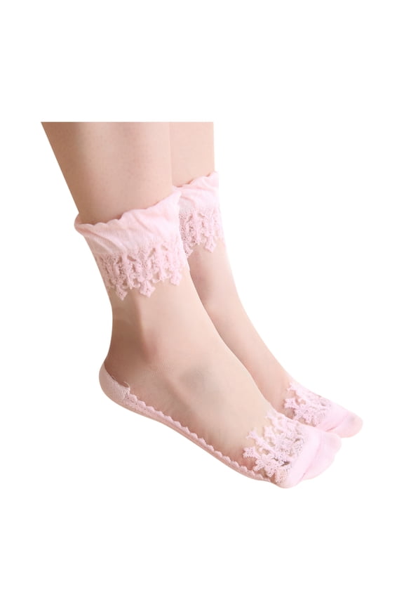 Women's Lace Sheer Calf Socks Solid Color Transparent Short Stockings Fashion Lace Trim Mid-Calf Hosiery See-Through Nylon Socks Daily Wear Cooling Casual Socks(Color Pink One Size)