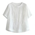 thumbnail image 1 of WHEANG Women's Pure Color Flower Embroidered Cotton And Linen Round Neck Short Sleeved T Shirt Cute Tops Dressy Casual Blouses Elegant Summer Top Size XXXL White, 1 of 2