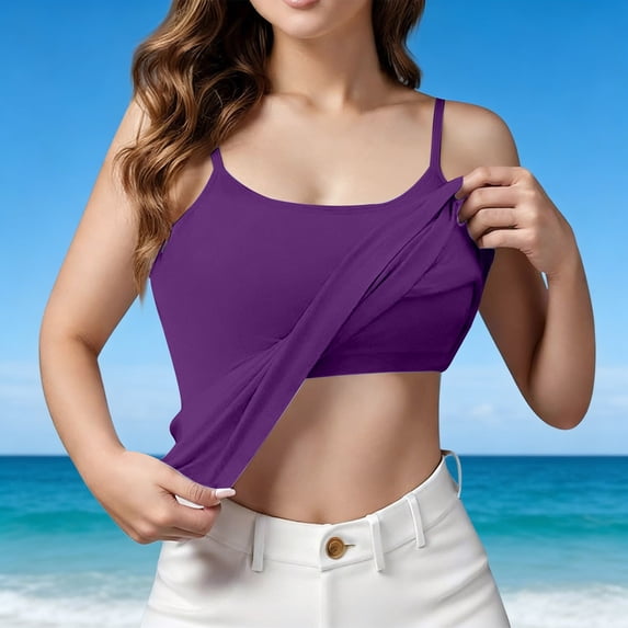 WHEANG Women's Shelf Bra Camisole Tops Adjustable Spaghetti Strap Cami Tank Cotton Undershirts Sleeveless Tank Top With In Bra Wire Free Padded Camisole for Women S-6XL Size XXXXL Purple