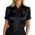 thumbnail image 1 of WHEANG Women's Solid Satin Collared Blouse, Loose Fit Roll Cuff Short Sleeve Casual Dressy Tops, Elegant Work Shirts for Daily Office Summer Wear Comfort Satin Top Outfits Size M Black, 1 of 3
