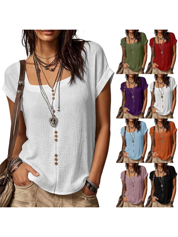Women's Summer Square Neck T Shirt - Solid Color Short Sleeve T Shirts for Women Slim Fit Basic Tops Soft Stretch Daily Wear Casual Shirts 2026 Womens Summer Tops Color Orange Size L