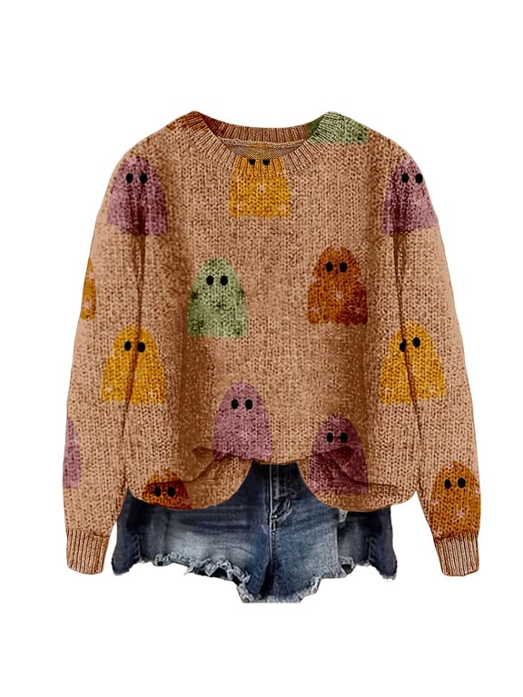 Women's Sweaters Halloween Print Crew Neck Pullover Sweater Long Sleeve Comfort Knit Tops for Women Fall Winter Casual Halloween Sweaters for Women Size M Brown