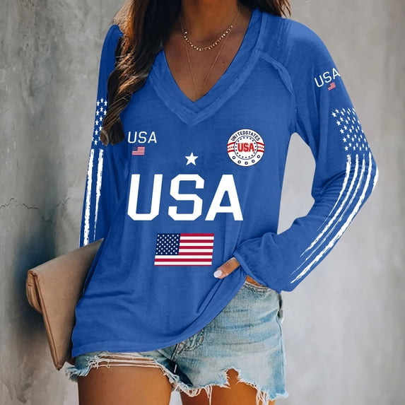WHEANG Women's USA 250th Anniversary Shirt 1776-2026 Patriotic V Neck Long Sleeve Tee American Flag Graphic Tops Fashion Summer Comfortable Tee Color Blue Size M