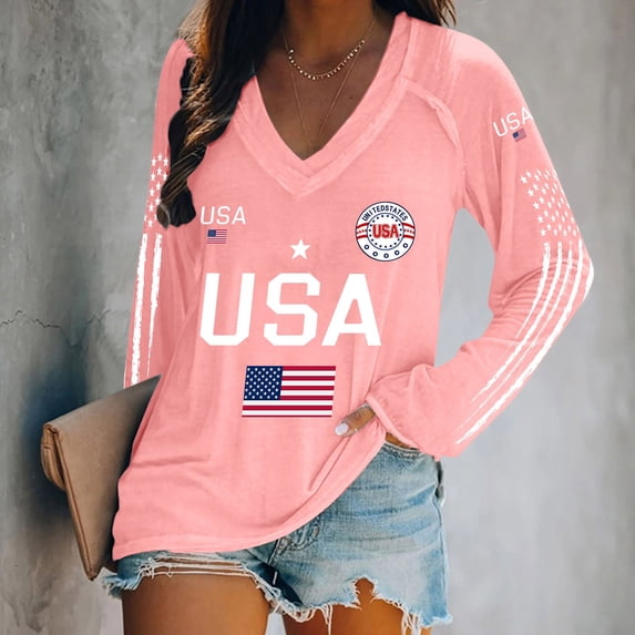 WHEANG Women's USA 250th Anniversary Shirt 1776-2026 Patriotic V Neck Long Sleeve Tee American Flag Graphic Tops Fashion Summer Comfortable Tee Color Pink Size XXXXXL