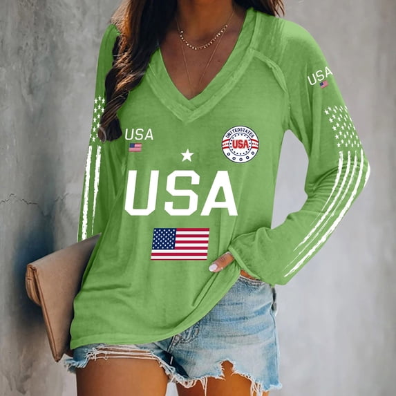 WHEANG Women's USA 250th Anniversary Shirt 1776-2026 Patriotic V Neck Long Sleeve Tee American Flag Graphic Tops Fashion Summer Comfortable Tee Color Green Size XXXXL