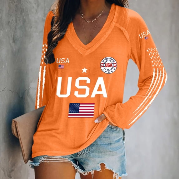 WHEANG Women's USA 250th Anniversary Shirt 1776-2026 Patriotic V Neck Long Sleeve Tee American Flag Graphic Tops Fashion Summer Comfortable Tee Color Orange Size XXL