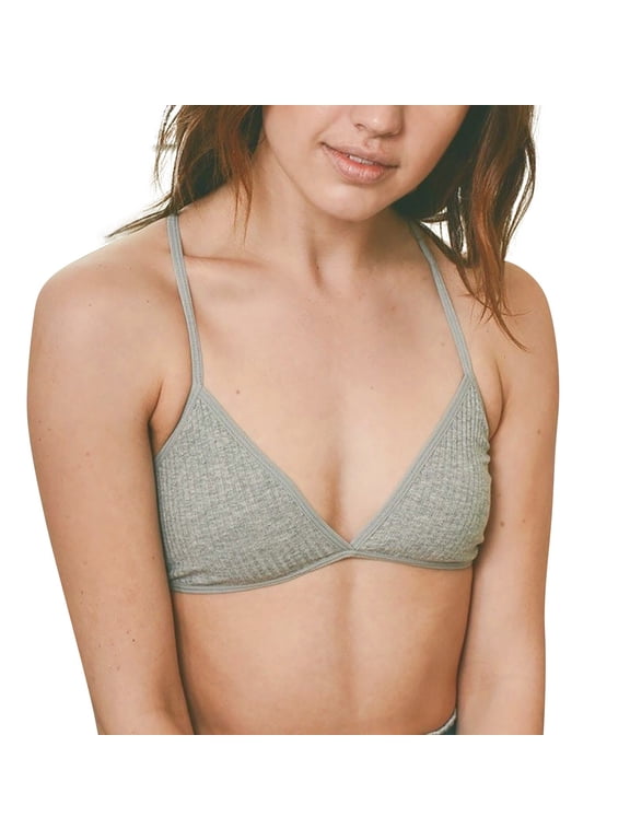 Womens Bras Ribbed Cotton Triangle Bralette Deep V Unlined Wireless Bras for Women Thin Adjustable Straps Criss Cross Back Comfort Bra for Daily Sleep Yoga Size L Gray