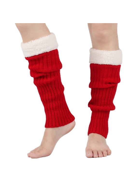 Womens Leg Socks Color Block Knit Leg Warmers Fuzzy Furry Christmas Leg Cuffs Winter Warm Slouch Socks Foot Covers for Holiday Party Daily Wear