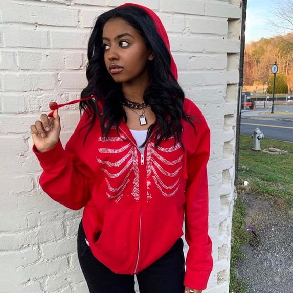 WHEANG Womens Long Sleeve Full Zip Hoodie Ribbed Rhinestone Bling Casual Sweatshirt Loose Fit Streetwear Daily Outfit Jacket Oversized Sweatshirt for Women M Red