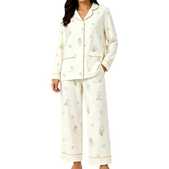 WHEANG Womens Pajama Sets 2 Piece Cute Patterned Fall Comfy Soft Pj Set With Pockets Long Sleeve Button Up Collar Tops And Pants Pajamas for Women Set Size L Multicolor