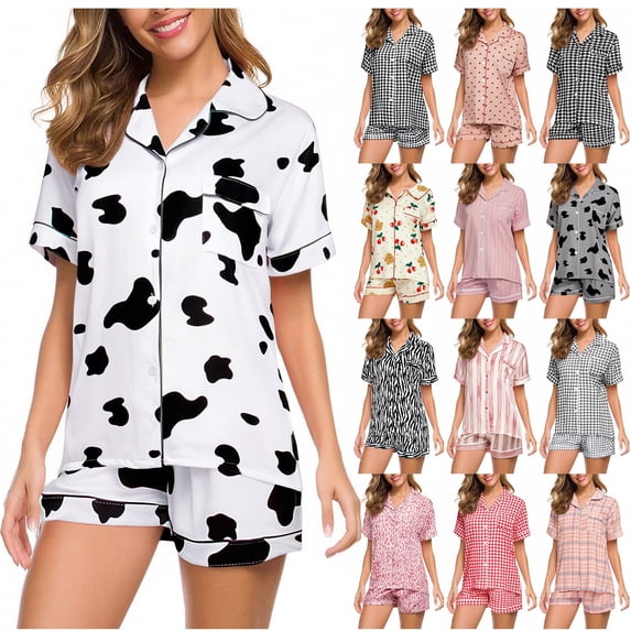 WHEANG Womens Pajama Sets Button Down Summer Short Sleeve Collared Shirt & Short Sleep Pants Soft Breathable Lounge Wear Two Piece Outfit Casual Lightweight Pajamas for Women Set XL Pink