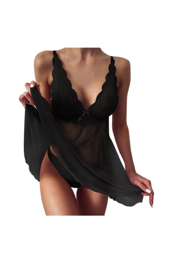 Womens Pajama Sets Sheer Lace Sleeveless Cami Slip Dress with Matching Panties See Through Mesh Nightgown Romantic Boudoir Sleepwear Nightgowns for Women L Black