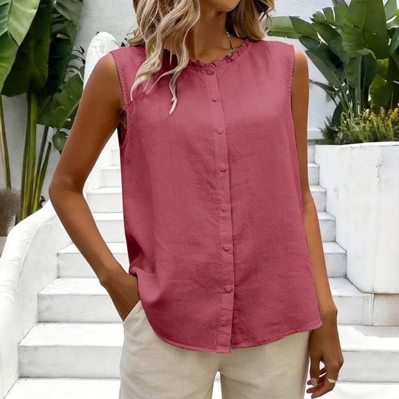 WHEANG Womens Solid Color Cotton Linen Sleeveless Top Back Button Reversible Blouse Summer Tank Tops Pleated Crewneck Casual Loose Blouses Business Work Shirts Size L Red 2026 Sales Under $5